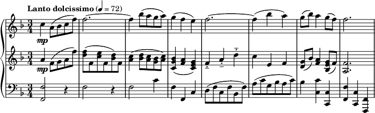 
 \relative c''{
 \new PianoStaff <<
 \new Staff {
 \clef treble
 \key f \major
 \time 3/4
 \tempo "Lanto dolcissimo" 4 = 72
 c4_\mp a8 (bes c f) f2.~f4 bes8 (a g a) g4 (f e) f2.~f4 (bes a) g8 (bes) a4 g8 (f) f2.
 }

 \new Staff {
 \clef treble
 \key f \major
 a,4_\mp f8 (g a f') <f d> (f, <e' c> f, <d' bes>) f, <c' a>4 (<d bes>8 <c a> <bes g> <c a>)
 <bes g c,>4 (<a f> <g e c>) f---. a---. d---. c e, f <g d>8 (bes) <a f>4 <g e bes>8 (f) <f a,>2.
 }

 \new Staff {
 \clef bass
 \key f \major
 <f, f,>2 r4 f2 r4 f2 c'4 f, f, c' d8 (f c f bes, f') a (c g bes a c)
 bes4 <c c,> <c, c,> <f f,> <c c,> <f, f,>
 } >> } 