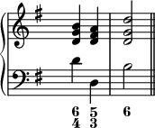 
\new PianoStaff <<
  \new Staff {
  \key g \major
  \time 2/4
\override Staff.TimeSignature.transparent = ##t
    \new Voice = "right" {
      \relative c'' { \clef treble <b g d>4 <a fis d> <d g, d>2 \bar "||"
      }
    }
  }
  \new Staff {
\key g \major
  \time 2/4
\override Staff.TimeSignature.transparent = ##t
    \new Voice = "left" {
      \relative c' { \clef "bass" d4 d, b'2
      }
    }
  }
  \new FiguredBass {
    \figuremode { <6 4>4 <5 3> <6>2
    }
  }
>>
