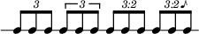  {
\override Score.TimeSignature #'stencil = ##f
\new RhythmicStaff {
  \clef percussion
  \time 5/4
  \set Score.tempoHideNote = ##t \tempo 4 = 100
  \tuplet 3/2 { c8 c c }
  \once \override TupletBracket.bracket-visibility = ##t \tuplet 3/2 { c8 c c }
  \once \override TupletNumber.text = "3:2" \tuplet 3/2 { c8 c c }
  \once \override TupletNumber.text = "3:2♪" \tuplet 3/2 { c8 c c }
} }
