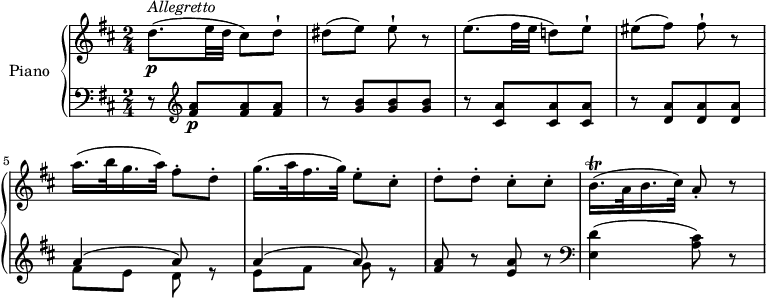 
\version "2.18.2"
\header {
  tagline = ##f
}

upper = \relative c' {
  \clef treble 
  \key d \major
  \time 2/4
  \tempo "Allegretto" 4 = 90
    d'8.\p ^\markup{ \italic {Allegretto} } (e32 d cis8) d-!
    dis (e) e-! r
    e8. (fis32 e d!8) e-!
    eis (fis) fis-! r
    a16. (b32 g16. a32) fis8-. d-.
    g16. (a32 fis16. g32) e8-. cis-.
    d-. d-. cis-. cis-.
    b16. \trill (a32 b16. cis32) a8-. r
}

lower = \relative c {
  \clef bass
  \key d \major
  \time 2/4
  r8 \clef treble <fis' a>8\p [<fis a> <fis a>]
  r <g b> [<g b> <g b>]
  r <cis, a'> [<cis a'> <cis a'>]
  r <d a'> [<d a'> <d a'>]
  <<{\stemDown fis8 e d s e fis g s} \\ {\stemUp a4 ^ (a8) r a4 ^(a8) r}>>
  <fis a>8 r <e a> r \clef bass
  <e, d'>4 (<a cis>8) r
} 

\score {
  \new PianoStaff <<
    \set PianoStaff.instrumentName = #"Piano"
    \new Staff = "upper" \upper
    \new Staff = "lower" \lower
  >>
  \layout {
    \context {
      \Score
      \remove "Metronome_mark_engraver"
    }
  }
  \midi { }
}
