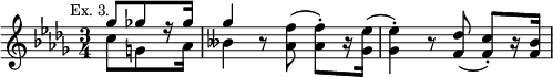 { \relative g'' { \mark \markup \small "Ex. 3." \time 3/4 \partial 4. \key des \major
 << { ges8[ ges! r16 ges] | ges4 } \\ { c,8[ g s16 aes] | beses4 } >>
 r8 <f' aes,>8^( q[-.) r16 <ees ges,>]^( |
 q4-.) r8 <des f,>_( <c f,>_.[) r16 <bes f>] } }