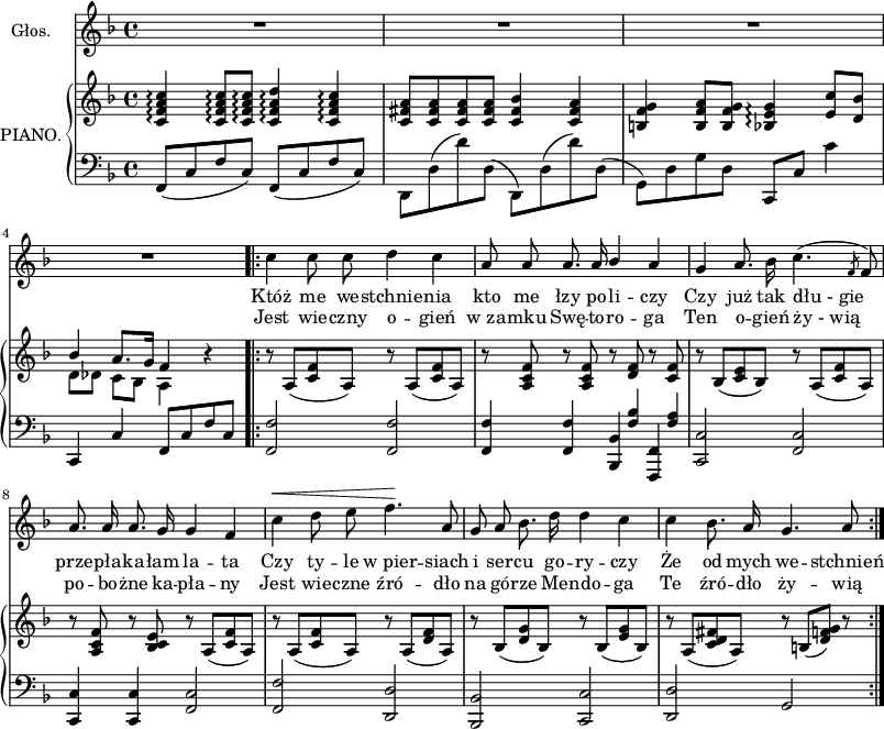 
sVarC = { <f, f>2 <f, f> | <f, f>4 <f, f>4 << { \voiceOne <bes,, bes,>4 <f,, f,> } \new Voice { \voiceOne s8 \crossStaff { <f bes>8 s8 <f a> } } >> \oneVoice | <c, c>2 <f, c> | <c, c>4 <c, c> <f, c>2 | <f, f> <d, d> | <bes,, bes,> <c, c> | <d, d> g, | }

sVarCp = { \autoBeamOff f,8([c f c]) f,([c f c]) | d,[d(d')d]( d,)[d(d')d]( | \stemDown g,)[d g d] \stemNeutral c,[c] c'4 | c, c f,8[c f c] }

sVarA = { R1*4 | c''4 c''8 c'' d''4 c'' | a'8 a' a'8. a'16 \stemUp bes'4 \stemNeutral a' | g'4 a'8. bes'16 c''4.( \slashedGrace f'8 f'8) | a'8. a'16 a'8. g'16 g'4 f' | c''4 ^\< d''8 e'' f''4. \! a'8 |  g' a' bes'8. d''16 d''4 c'' | c'' bes'8. a'16 g'4. a'8 | }

lVarB = \lyricmode { Jest wie -- czny o -- gień w_za -- mku Swę -- to -- ro -- ga Ten o -- gień "ży - wią" po -- bo -- żne ka -- pła -- ny Jest wie -- czne źró -- dło na gó -- rze Me -- ndo -- ga Te źró -- dło ży -- wią }

sVarB = { <c' f' a' c''>4\arpeggio <c' f' a' c''>8\arpeggio[<c' f' a' c''>\arpeggio] <c' f' a' d''>4\arpeggio <c' f' a' c''>\arpeggio | <c' fis' a'>8[<c' fis' a'> <c' fis' a'> <c' fis' a'>] <c' fis' bes'>4 <c' fis' a'> | <b f' g'>4 <b f' a'>8[<b f' g'>] <bes e' g'>4\arpeggio <e' c''>8[<d' bes'>] | << { \voiceOne bes'4 a'8.[g'16] f'4 } \new Voice { \voiceTwo d'8[des'] c'[bes] a4 } >> \oneVoice r4 | r8 \stemUp \slurDown a([<c' f'> a]) r a([<c' f'> a]) | r <a c' f'> r <a c' f'> r <d' f'> r <c' f'> | r bes([<c' e'> bes]) r a([<c' f'> a]) | r <a c' f'> r <bes c' e'> r a([<c' f'> a]) | r a([<c' f'> a]) r a([<d' f'> a]) | r bes([<d' g'> bes]) r bes([<e' g'> bes]) | r a([<c' d' fis'> a]) r b([<d' f' g'>]) r | }

lVarA = \lyricmode { Któż me we -- stchnie -- nia kto me łzy po -- li -- czy Czy już tak "dłu - gie" prze -- pła -- ka -- łam la -- ta Czy ty -- le w_pier -- siach i ser -- cu go -- ry -- czy Że od mych we -- stchnień }

sVarCk = {  }

\paper { #(set-paper-size "a3")
 oddHeaderMarkup = "" evenHeaderMarkup = "" }
\header { tagline = ##f }
\version "2.18.2"
\score {
\midi {  }
\layout { line-width = #200
\context { \PianoStaff \consists #Span_stem_engraver }}
<<
\new Staff \with { instrumentName = #"Głos." } { \clef "violin" \key d \minor \time 4/4 \autoBeamOff \sVarA \stopStaff }
\addlyrics { \lVarA }
\addlyrics { \lVarB }
\new PianoStaff \with { instrumentName = #"PIANO." } <<
  \new Staff = "up" { \clef "violin" \key d \minor \time 4/4 \sVarB }
  \new Staff = "down" { \clef "bass" \key d \minor \time 4/4 \sVarCp \repeat volta 2 { \sVarC } \sVarCk }
  >>
>> }