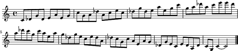 
{

\modalTranspose c c' { c des e g a } { c8 des g } 
\modalTranspose c des' { c des e g a } { c des g } 
\modalTranspose c e' { c des e g a } { c des g } 
\modalTranspose c g' { c des e g a } { c des g } 
\modalTranspose c a' { c des e g a } { c des g } 
\modalTranspose c c'' { c des e g a } { c des g } 
\modalTranspose c des'' { c des e g a } { c des g } 
\modalTranspose c e'' { c des e g a } { c des g } 
\modalTranspose c g'' { c des e g a } { c des g } 
\modalTranspose c a'' { c des e g a } { c des g } 

\modalInversion c e''' { c des e g a } { c des g } 
\modalInversion c des''' { c des e g a } { c des g } 
\modalInversion c c''' { c des e g a } { c des g } 
\modalInversion c a'' { c des e g a } { c des g } 
\modalInversion c g'' { c des e g a } { c des g } 
\modalInversion c e'' { c des e g a } { c des g } 
\modalInversion c des'' { c des e g a } { c des g } 
\modalInversion c c'' { c des e g a } { c des g } 
\modalInversion c a' { c des e g a } { c des g } 
\modalInversion c g' { c des e g a } { c des g } 
\modalInversion c e' { c des e g a } { c des g } 
\modalInversion c des' { c des e g a } { c des g } 

c'4~ c'2

\bar "|."
}
