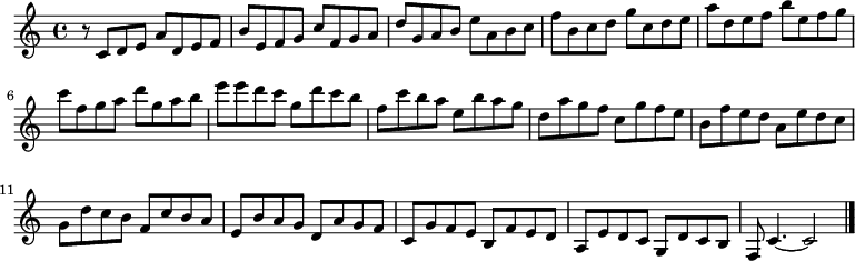 
{

r8
\modalTranspose c c' { c d e f g a b } { c8 d e a } 
\modalTranspose c d' { c d e f g a b } { c d e a } 
\modalTranspose c e' { c d e f g a b } { c d e a } 
\modalTranspose c f' { c d e f g a b } { c d e a } 
\modalTranspose c g' { c d e f g a b } { c d e a } 
\modalTranspose c a' { c d e f g a b } { c d e a } 
\modalTranspose c b' { c d e f g a b } { c d e a } 
\modalTranspose c c'' { c d e f g a b } { c d e a } 
\modalTranspose c d'' { c d e f g a b } { c d e a } 
\modalTranspose c e'' { c d e f g a b } { c d e a } 
\modalTranspose c f'' { c d e f g a b } { c d e a } 
\modalTranspose c g'' { c d e f g a b } { c d e a } 

\modalInversion c e''' { c d e f g a b } { c d e a } 
\modalInversion c d''' { c d e f g a b } { c d e a } 
\modalInversion c c''' { c d e f g a b } { c d e a } 
\modalInversion c b'' { c d e f g a b } { c d e a } 
\modalInversion c a'' { c d e f g a b } { c d e a } 
\modalInversion c g'' { c d e f g a b } { c d e a } 
\modalInversion c f'' { c d e f g a b } { c d e a } 
\modalInversion c e'' { c d e f g a b } { c d e a } 
\modalInversion c d'' { c d e f g a b } { c d e a } 
\modalInversion c c'' { c d e f g a b } { c d e a } 
\modalInversion c b' { c d e f g a b } { c d e a } 
\modalInversion c a' { c d e f g a b } { c d e a } 
\modalInversion c g' { c d e f g a b } { c d e a } 
\modalInversion c f' { c d e f g a b } { c d e a } 
\modalInversion c e' { c d e f g a b } { c d e a } 
\modalInversion c d' { c d e f g a b } { c d e a } 


c'4.~ c'2

\bar "|."
}
