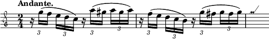 
\new Staff \with {\consists "Custos_engraver"} \relative g'' {
  \override TupletBracket #'stencil = ##f
  \clef mensural-g
  \time 2/4
  \tempo "Andante."
  \times 2/3 {r16 g([ f]} \times 2/3 {e[ d c])}
  \times 2/3 {r a'([ gis]} \times 2/3 {a[ gis a])}
  \times 2/3 {r f([ e]} \times 2/3 {d[ c b])}
  \times 2/3 {r g'([ fis]} \times 2/3 {g[ fis g])}
  \once \override Voice.NoteHead #'stencil =
   #ly:text-interface::print
  \once \override Voice.NoteHead #'text =
   \markup \musicglyph #"custodes.mensural.u0"
  \once \override Voice.Stem #'stencil = ##f
  g4
}
