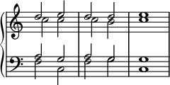  {
 \new PianoStaff << 
   \new Staff \with { \remove "Time_signature_engraver" } { \clef violin \key c \major << { d''2 } \\ { c''2 } >> << { e''2 } \\ { c''2 } >> << { d''2 } \\ { c''2 } >> << { d''2 } \\ { b'2 } >> << { e''1 } \\ { c''1 } >> }
   \new Staff \with { \remove "Time_signature_engraver" } { \clef bass   \key c \major << { a2  } \\ { f2  } >> << { g2  } \\ { c2  } >> << { a2  } \\ { f2  } >> << { g2  } \\ { g2  } >> << { g1  } \\ { c1  } >> } 
>> }