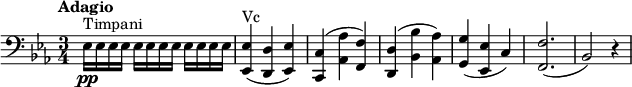 
\version "2.18.2"
\relative c {
    \key ees \major 
    \time 3/4
     \tempo "Adagio"
     \clef "bass"  
    \tempo 4 = 60
    ees16 \pp ^\markup {Timpani} ees ees ees  \repeat unfold 2 {ees16 ees ees ees}
    <ees, ees'>4 ^\markup {Vc} (<d d'> <ees ees'>)
    <c c'> (<aes' aes'> <f f'>)
    <d d'> (<bes' bes'> <aes aes'>)
    <g g'> (<ees ees'> c')
     <f, f'>2. (bes2) r4
 }
