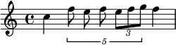 
\relative {
  \autoBeamOff
  c''4 \tuplet 5/4 { f8 e f \tuplet 3/2 { e[ f g] } } f4
}
