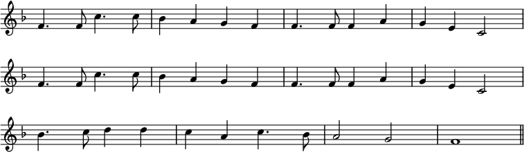 { \override Score.BarNumber #'break-visibility = #'#(#f #f #f) \override Score.TimeSignature #'stencil = ##f \time 4/4 \key f \major \relative f' { \repeat unfold 2 { f4. f8 c'4. c8 | bes4 a g f | f4. f8 f4 a | g e c2 \break } | bes'4. c8 d4 d | c a c4. bes8 | a2 g | f1 \bar "||" } }
