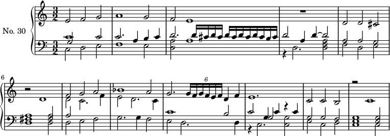 
\version "2.14.2"
\header {
  tagline = ##f
}
upper = \relative c' {
  \clef treble 
  \key c \major
  \time 3/2
  \tempo 2 = 72
  \set Staff.midiInstrument = #"harpsichord"

  e2 f g a1 g2 f e1 s2 r1
  d2 d cis r2 d1 
  << { f2 g a bes1 a2 g2.   \tempo 2 = 65 \times 4/6 { g16 f g f e f } \tempo 2 = 72 d4 f e1. c2 c b r2 c1 } \\ { d2 c2. f4 e2 d2. c4 } >>
}

lower = \relative c {
  \clef bass
  \key c \major
  \time 3/2
  \set Staff.midiInstrument = #"harpsichord"

   << { c'1 c2 c2. a4 b c d2. \repeat unfold 2 { d16 cis d cis } d cis b cis d2 a4 d4~ d2  } \\ { c,2 d e f1 e2 < a d, >2 a1 r4 d,2. < a' f d >2 } \\ { g2 } >>
  << { a2 a g  < a fis >1 < a fis >2 a2  } \\ { f2 d e d1 d2 d e f } >>
  g2. g4 f2 
  << { c'1 b2 c g4 c r4 c4 g2 g f < g e >1 < g e >2 } \\ { e2 d2. d4 r4 c2. < g' c, >2 e c d c1 c2 } \\ { s2*4 g'2 }  >>

}

\score {
  \new PianoStaff <<
    \set PianoStaff.instrumentName = #"No. 30"
    \new Staff = "upper" \upper
    \new Staff = "lower" \lower
  >>
  \layout {
    \context {
      \Score
      \remove "Metronome_mark_engraver"
    }
  }
  \midi { }
}
