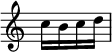 { \time 1/4 \override Score.TimeSignature #'stencil = ##f c''16[ b' c'' d''] \bar "|" }