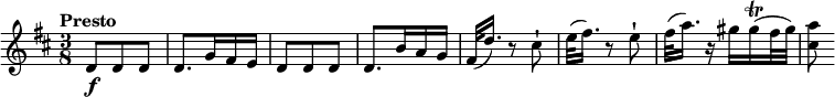 
\relative c' {
  \version "2.18.2"
  \key d \major
  \time 3/8
  \tempo  "Presto"
  \tempo 4 = 100
  d8 \f d d
  d8. g16 fis e
  d8 d d
  d8.  b'16 a g
  fis32 (d'16.) r8 cis8-!
  e32 (fis16.) r8 e8-!
  fis32 (a16.) r16 gis16 gis16\trill (fis32 gis) <cis, a'>8
}
