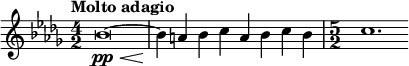  \relative c'' { \set Staff.midiInstrument = #"string ensemble 1" \clef treble \key bes \minor \time 4/2 \tempo "Molto adagio" bes\breve(~\pp\< | bes4\! a bes c a bes c bes | \time 5/2 c1.\! } 