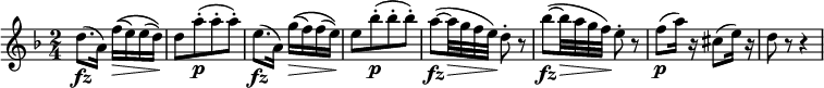  { \relative f'' { \key d \minor \time 2/4
d8.( \fz a16) f'16(\( \> e) e( d)\) | d8[ \! a'-.( \p a-. a-.)] |
e8.( \fz a,16) g'(\( \> f) f( e)\) | e8[ \! bes'-.( \p bes-. bes-.)] |
a8~( \fz a32 \> g f e) \! d8-. r | bes'8~( \fz bes32 \> a g f) \! e8-. r
f8( \p a16) r cis,8( e16) r | d8 r r4 }}
\layout { \context {\Score \override SpacingSpanner.common-shortest-duration = #(ly:make-moment 1/8)

}}