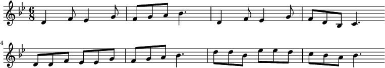 
\new Staff <<
\clef treble \key bes \major {
      \time 6/8 \partial 2.     
      \relative d' {
 d4 f8 es4 g8 | f8 g a bes4. | d,4 f8 es4 g8 | f8 d bes c4. \bar"" \break
        d8 d f es es g | f8 g a bes4. | d8 d bes es es d | c8 bes a bes4. \bar"" \break
      }
    }
%\new Lyrics \lyricmode {
%}
>>
\layout { indent = #0 }
\midi { \tempo 4. = 56 }
