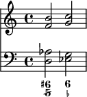 
<<\new Staff \relative{\clef treble<f'  b>2<g c>}
    \new Staff \relative{\clef bass<d aes'>2<ees g>}
    \figures {<6+ 5/>2<6 _->}>>