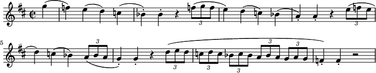 
\relative c''' { 
  \transpose bes c'
  %\set Staff.midiInstrument = #"clarinet"
  \key c \major
  \time 2/2
  \once \omit Score.MetronomeMark \tempo 2 = 54
  \partial4 g4( f) e( d) c( bes-.) 
    \once \omit Score.MetronomeMark \tempo 2 = 72
  bes-. r4 \tuplet 3/2 { f'8( g f } e4) d( c) bes( a-.)  
    \once \omit Score.MetronomeMark \tempo 2 = 88
  a-. r4 \tuplet 3/2 { e'8( f e } d4) c( bes) \tuplet 3/2 { a8( bes a } g4-.)
    \once \omit Score.MetronomeMark \tempo 2 = 100
  g-. r4 \tuplet 3/2 { d'8( e d } \tuplet 3/2 { [c8 d c] } \tuplet 3/2 { bes c bes } 
  \tuplet 3/2 { [a bes a] }   \tuplet 3/2 { g a g } f4-.) f-.\stopTextSpan r2
}
