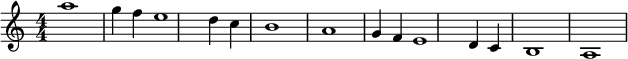 
\relative c''' {
\numericTimeSignature
  \key c \major 
  a1 g4 f4 e1 d4 c4 b1 \relative c'' {a1 g4 f4 e1 d4 c4 b1 a1 
}}
