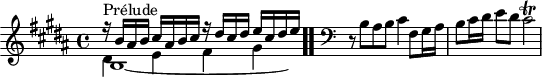 
\version "2.18.2"
\header {
  tagline = ##f
}

\score {
  \new Staff \with {

  }
<<
  \relative c'' {
    \key b \major
    \time 4/4

     %% INCIPIT CBT I-5, BWV 850, ré majeur
     << { r16^\markup{Prélude} b ais b cis ais b cis r16 dis cis dis e cis dis e } \\ { b,1*15/16~ \hideNotes b16 } \\ { \stemDown dis4 e fis gis } >> \bar ".."
     \skip 4*1
     \override Staff.Clef.extra-offset = #'( -1 . 0 )
      \clef bass 
      \partial 1
     r8 b,8 ais b cis4 fis,8 gis16 ais b8 cis16 dis e8 dis cis2\trill

  }
>>
  \layout {
     \context { \Score \remove "Metronome_mark_engraver" 
     \override SpacingSpanner.common-shortest-duration = #(ly:make-moment 1/2) 
}
  }
  \midi {}
}
