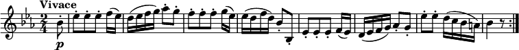 
\version "2.18.2"
\relative c'' {
  \key ees \major
  \time 2/4
  \tempo "Vivace "
  \tempo 4 = 140
  \partial 8  bes8-. \p 
  ees-. [ees-. ees-.] f16 (ees)
  d16 (ees f g) aes8-. g-.
  f-. [f-. f-.] g16 (ees)
  ees (d f d) bes8-. bes,-.
  ees-. [ees-. ees-.] f16 (ees)
  d16 (ees f g) aes8-. g-.
  ees'-. ees-. d16 (c bes a)
  bes4 r8 \bar ":|."
}
