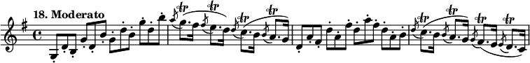 
%etude18
\relative g'
{  
\time 4/4 
\tempo "18. Moderato"
\key g \major
g,8*2/3-. d'-. b-. g'-. d-. b'-. g-. d'-. b-. g'-. d-. b'-. | \acciaccatura {a8} g8.\trill (fis16 \acciaccatura {fis8} e8.\trill d16) \acciaccatura {d8} c8.\trill (b16 \acciaccatura {b8} a8.\trill g16) | d8*2/3-. a'-. fis-. d'-. a-. fis'-. d-. a'-. fis-. d-. a-. b-. |  \acciaccatura {d8} c8.\trill (b16 \acciaccatura {b8} a8.\trill g16) \acciaccatura {g8} fis8.\trill (e16 \acciaccatura {e8} d8.\trill c16) 
} 
