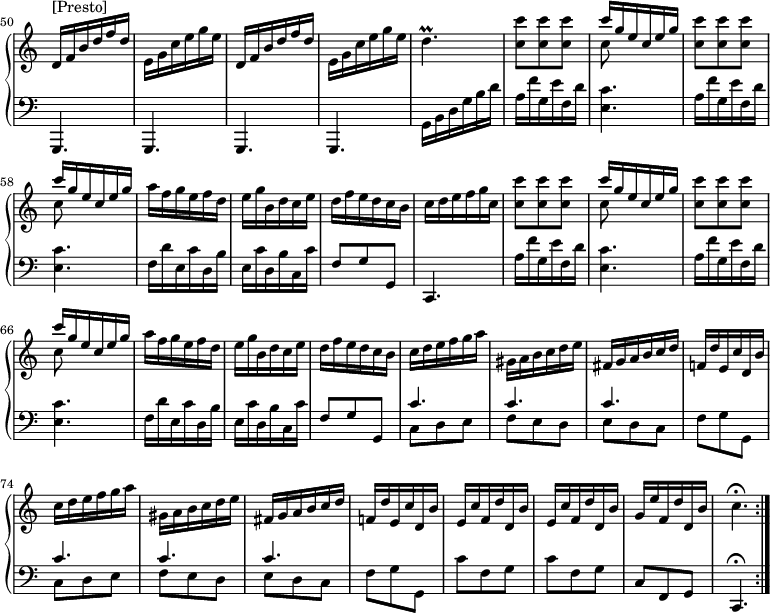 
\version "2.18.2"
\header {
  tagline = ##f
}

% petites notes
prallD = { \tag #'print { d4.\prall } \tag #'midi { g32 f g f~ f4 } }


upper = \relative c' {
  \clef treble 
  \key c \major
  \time 3/8
  \tempo 4. = 84
  \omit Staff.TimeSignature
  \set Score.currentBarNumber = #50
  \set Staff.midiInstrument = #"harpsichord"

    \bar ""
  s8*0^"[Presto]" 
  \repeat unfold 2 { d16 f b d f d | e, g c e g e } | \prallD | \repeat unfold 2 { < c c' >8 q q | << { c'16 g e c e g } \\ { c,8 } >> }
  % ms. 59
   a'16 f g e f d | e g b, d c e | d f e d c b | c d e f g c, | \repeat unfold 2 { < c c' >8 q q | << { c'16 g e c e g } \\ { c,8 } >> }
  % ms. 67
   a'16 f g e f d | e g b, d c e | d f e d c b | c d e f g a | gis, a b c d e | fis, g a b c d | f,! d' e, c' d, b' | 
  % ms. 74
   c16 d e f g a | gis, a b c d e | fis, g a b c d | f,! d' e, c' d, b' | \repeat unfold 2 { e, c' f, d' d, b' } | g e' f, d' d, b' | \tempo 4. = 50 c4.\fermata \bar ":|." 

}

lower = \relative c {
  \clef bass
  \key c \major
  \time 3/8
  \omit Staff.TimeSignature
  \set Staff.midiInstrument = #"harpsichord"

    % **************************************
    g,4. g g g | g'16 b d g b d | \repeat unfold 2 { a16 f' g, e' f, d' | < e, c' >4. }
    f16 d' e, c' d, b' | e, c' d, b' c, c' | f,8 g g, | c,4. | \relative c' \repeat unfold 2 { a16 f' g, e' f, d' | < e, c' >4. }
    % ms. 67
    f'16 d' e, c' d, b' | e, c' d, b' c, c' | f,8 g g, | \repeat unfold 2 { << { c'4. c c s4. } \\ { c,8 d e | f e d | e d c | f g g, } >> } |
    % ms. 78
    \repeat unfold 2 { c'8 f, g } c, f, g c,4.\fermata

}

thePianoStaff = \new PianoStaff <<
    \set PianoStaff.instrumentName = #""
    \new Staff = "upper" \upper
    \new Staff = "lower" \lower
  >>

\score {
  \keepWithTag #'print \thePianoStaff
  \layout {
      indent = #0
      #(layout-set-staff-size 17)
    \context {
      \Score
     \override SpacingSpanner.common-shortest-duration = #(ly:make-moment 1/2)
      \remove "Metronome_mark_engraver"
    }
  }
}

\score {
  \keepWithTag #'midi \thePianoStaff
  \midi { }
}
