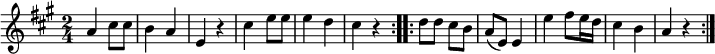 
\relative a' {
 \key a \major
 \time 2/4
 \repeat volta 2 {
  a4 cis8 cis b4 a e r
  cis'4 e8 e e4 d cis r
  }
 \repeat volta 2 {
  d8 d cis b a( e) e4
  e' fis8 e16 d cis4 b a r
  }
 }
