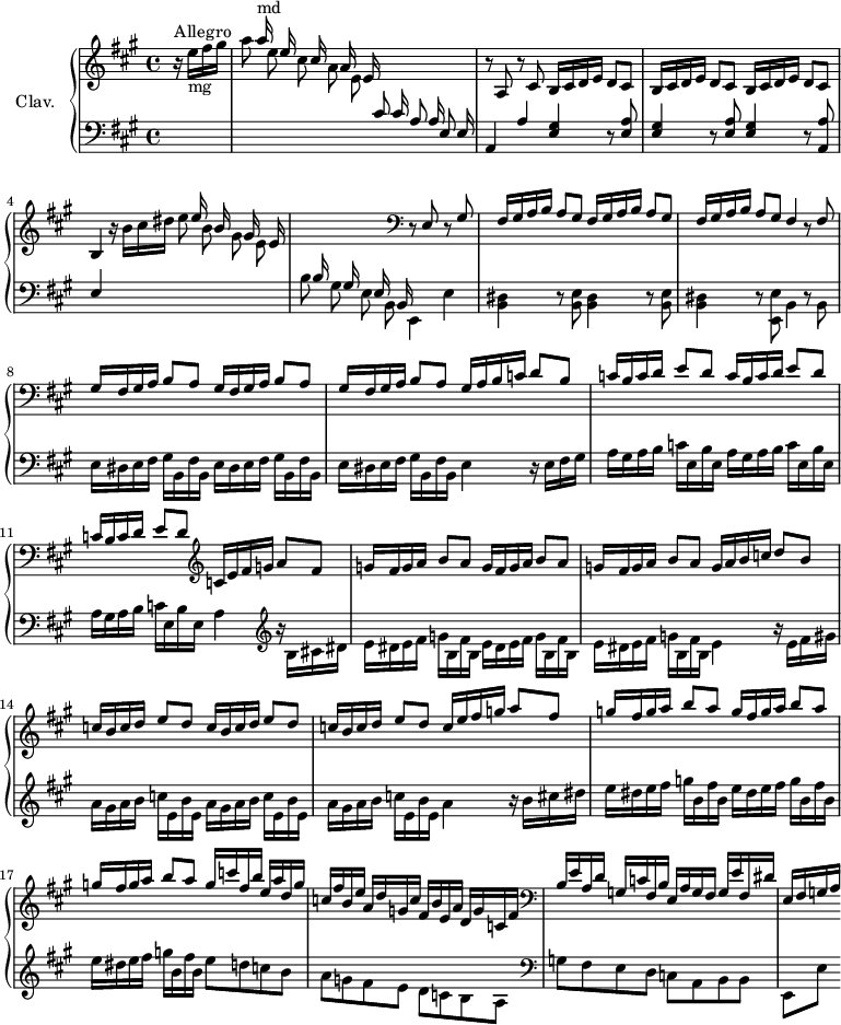 
\version "2.18.2"
\header {
  tagline = ##f
}

%% les petites notes
trillFq   = { \tag #'print { f8\trill } \tag #'midi { g32 f g f } }


upper = \relative c'' {
  \clef treble 
  \key a \major
  \time 4/4
  \tempo 4 = 96
  \set Staff.midiInstrument = #"harpsichord"

      s8*0^\markup{Allegro}
      \partial 4 \stemUp s4 s16 a'16^\markup{md} s16 e16 s16 cis16 s16 a16 s16 e16 s16 \stemUp \change Staff = "lower" cis16 s16 a16 s16 e16 |
      \change Staff = "upper" r8 a8 r8 cis8 \repeat unfold 3 { b16 cis d e d8 cis } |
       % ms. 4
       b4 s4 s16 e'16 s16 b16 s16 gis16 s16 e16 s16 \change Staff = "lower" b16 s16 gis16 s16 e16 s16 b16  \change Staff = "upper"   \clef bass r8 e8 r8 gis8 | \repeat unfold 3 { fis16 gis a b a8 gis } fis4 r8 fis | \repeat unfold 3 { gis16 fis gis a b8 a } 
       % ms. 9
       gis16 a b c d8 b | \repeat unfold 3 { c16 b c d e8 d } \change Staff = "upper"   \clef treble  c16 e fis g a8 fis |
       % ms. 12
       \repeat unfold 3 { g16 fis g a b8 a } g16 a b c d8 b | \repeat unfold 3 { c16 b c d e8 d } c16 e fis  g a8 fis | \repeat unfold 3 { g16 fis g a b8 a } g16 c fis, b e, a d, g |
       % ms. 18
       c,16 fis b, e a, d g, c fis, b e, a d, g c, fis |   \clef bass b, e a, d g, c fis, b e, a g fis g e' fis, dis' e, fis g a

}

lower = \relative c' {
  \clef bass
  \key a \major
  \time 4/4
  \set Staff.midiInstrument = #"harpsichord"

    % **************************************
      \stemDown \change Staff = "upper" r16 e'16-\markup{mg} fis gis | \autoBeamOff a8 e cis a e \stemUp \change Staff = "lower" cis a e | a,4 a' \repeat unfold 2 { < e gis > r8 < e a >8 } 
      % ms. 3
      < e gis >4 r8 < a, a' >8 | e'4 \stemDown \change Staff = "upper" r16 \autoBeamOn b''16 cis dis \autoBeamOff e8 b gis e \change Staff = "lower" b8 gis e b e,4 e'
      % ms. 6
      \repeat unfold 2 { < b dis >4 r8 < b e >8 } < b dis >4 r8 < e, e' >8 b'4 r8 b8 |\autoBeamOn \repeat unfold 3 { e16 dis e fis gis b, fis' b, }  
      % ms. 9
      e4 r16 e fis gis | \repeat unfold 3 { a16 gis a b c e, b' e, } | a4   \clef treble r16 b16 cis dis |
      % ms. 12
      \repeat unfold 3 { e16 dis e fis g b, fis' b, } | e4 r16 e16 fis gis | \repeat unfold 3 { a16 gis a b c e, b' e, } | a4
      % ms. 15
      r16 b cis dis \repeat unfold 3 { e16 dis e fis g b, fis' b, } e8 d c b | a g fis e d c b a |   \clef bass g8 fis e d c a b b | e,[ e'] 
 
}

thePianoStaff = \new PianoStaff <<
    \set PianoStaff.instrumentName = #"Clav."
    \new Staff = "upper" \upper
    \new Staff = "lower" \lower
  >>

\score {
  \keepWithTag #'print \thePianoStaff
  \layout {
      #(layout-set-staff-size 17)
    \context {
      \Score
     \override SpacingSpanner.common-shortest-duration = #(ly:make-moment 1/2)
      \remove "Metronome_mark_engraver"
    }
  }
}

\score {
  \keepWithTag #'midi \thePianoStaff
  \midi { }
}
