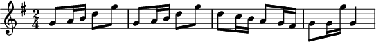 
\version "2.18.2"
\header {
  tagline = ##f
}

\score {
  \new Staff \with {

  }
<<
  \relative c'' {
    \key g \major
    \time 2/4
    %\set Staff.midiInstrument = #"violin" 
    \override TupletBracket #'bracket-visibility = ##f 

     \repeat unfold 2 { g8 a16 b d8 g } d8 c16 b a8 g16 fis g8 g16 g' g,4

  }
>>
  \layout {
     \context { \Score \remove "Metronome_mark_engraver" }
  }
  \midi {}
}
