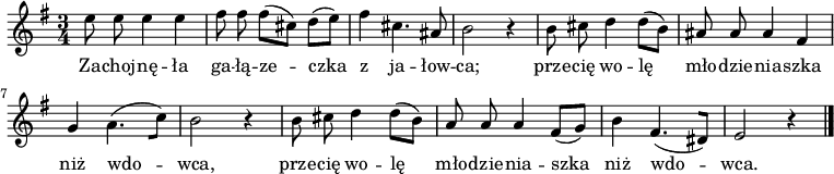  
\relative c' {
\set Staff.midiInstrument = "flute" 
\autoBeamOff 
\key g \major 
    \time 3/4 
    e'8 e e4 e      | % 1
    fis8 fis fis [(cis)] d [(e)]      | % 2
    fis4 cis4. ais8      | % 3
    b2 r4      | % 4
    b8 cis d4 d8 [(b)]      | % 5
    ais ais ais4 fis      | % 6
    g a4. [(c8)]      | % 7
    b2 r4      | % 8
    b8 cis d4 d8 [(b)]      | % 9
    a a a4 fis8 [(g)]      | % 10
    b4 fis4. [(dis8)]    | % 11
    e2 r4 \bar "|." 
}
\addlyrics {
Za -- choj -- nę -- ła ga -- łą -- ze -- czka z ja -- łow -- ca;
prze -- cię wo -- lę mło -- dzie -- nia -- szka niż wdo -- wca,
prze -- cię wo -- lę mło -- dzie -- nia -- szka niż wdo -- wca.
}
\midi {
\tempo 4 = 120
}
