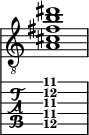  
<<
  %\override Score.BarLine.break-visibility = ##(#f #t #t)
  \time 1/1
    \new Staff  {
    \clef "treble_8"
        \once \override Staff.TimeSignature #'stencil = ##f
        < a cis' fis' b' dis''>1
    }

     \new TabStaff {
       \override Stem #'transparent = ##t
       \override Beam #'transparent = ##t 
      < a\5 cis'\4 fis'\3 b'\2 dis''\1>1
  }
>>
