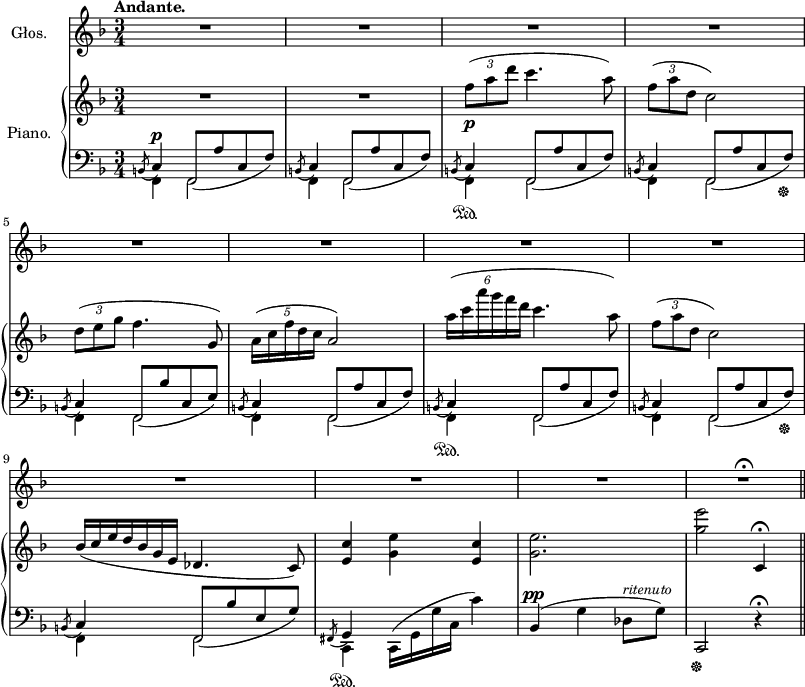 
sVarC = {  }

sVarCp = { << { \voiceOne \stemUp \slurDown \acciaccatura b8 c4^\p f,8([a' c, f]) | \acciaccatura b,8 c4 \stemUp \slurDown f,8([a' c, f]) | \acciaccatura b,8 c4 f,8([a' c, f]) | \acciaccatura b,8 c4 f,8([a' c, f]\sustainOff) | \acciaccatura b,8 c4 f,8([bes' c, e]) | \acciaccatura b8 c4 f,8([a' c, f]) \acciaccatura b,8 c4 f,8([a' c, f]) | \acciaccatura b,8 c4 f,8([a' c, f]\sustainOff) | \acciaccatura b,8 c4 f,8([bes' e, g]) | \acciaccatura fis,8 g4 } \new Voice { \voiceTwo f4 f2 | f4 f2 | f4\sustainOn f2 | f4 f2 | f4 f2 | f4 f2 | f4\sustainOn f2 | f4 f2 | f4 f2 | c4\sustainOn } >> \oneVoice \slurUp \stemDown c16([g' g' c,] c'4) \stemNeutral | bes,(^\pp g' des8^\markup { \small \italic "ritenuto" } [g]) | c,,2\sustainOff r4\fermata \slurNeutral \bar "||" }

lVarA = \lyricmode {  }

sVarCb = {  }

sVarA = { \grace s8 R2.*11 | R2.\fermata | }

lVarB = \lyricmode {  }

sVarB = { \grace s8 R2.*2 | \override TupletBracket #'direction = #UP \tuplet 3/2 { f8(\p[a d] } c4. a8) | \tuplet 3/2 { f8([a d,] } c2) | \tuplet 3/2 { d8([e g] } f4. g,8) | \tuplet 5/4 { a16([c f d c] } a2) | \tuplet 6/4 { a'16([c a' g f d] } c4. a8) | \tuplet 3/2 { f8([a d,] } c2) | \once \override TupletNumber.text = #" " \tuplet 7/4 { bes16([c e d bes g e] } des4. c8) | <e c'>4 <g e'> <e c'> | <g e'>2. | <g' e'>2 c,,4\fermata | }

sVarCa = {  }

sVarCk = {  }

\paper { #(set-paper-size "a3")
 oddHeaderMarkup = "" evenHeaderMarkup = "" }
\header { tagline = ##f }
\version "2.18.2"
\score {
\midi {  }
\layout { line-width = #200
\context { \PianoStaff \consists #Span_stem_engraver }}
<<
  \new Staff \with { instrumentName = #"Głos." } { \clef "violin" \key d \minor \time 3/4 \tempo \markup { \bold "Andante." } \autoBeamOff \relative c' { \sVarA } }
  \addlyrics { \lVarA }
  \addlyrics { \lVarB }
  \new PianoStaff \with { instrumentName = #"Piano." } <<
    \set PianoStaff.connectArpeggios = ##t
    \new Staff = "up" { \clef "violin" \key d \minor \time 3/4 \relative f'' { \sVarB } }
    \new Staff = "down" { \clef "bass" \key d \minor \time 3/4 \relative c { \mergeDifferentlyHeadedOn \sVarCp \repeat volta 2 { \sVarC } \alternative { \sVarCa \sVarCb } \sVarCk } }
  >>
>> }