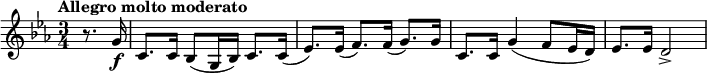  \relative g'' { \key c \minor \time 3/4 \tempo "Allegro molto moderato" \partial 4 r8. g,16\f | c,8. c16 bes8( g16 bes16) c8. c16( | es8.) es16( f8.) f16( g8.) g16 | c,8. c16 g'4( f8 es16 d16) | es8. es16 d2-> }