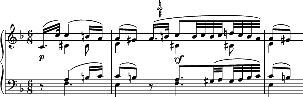 
 \relative c' {
  \new PianoStaff <<
   \new Staff { \key d \minor \time 6/8 \partial 2
    <<
     {
      \set subdivideBeams = ##t \set baseMoment = #(ly:make-moment 1/8)
      c16.( c'32) c4( b16 a) a8[( gis)] a16.(
      ^\markup    
       \override #'(baseline-skip . 1) {
        \halign #-4
        \teeny \center-column {
         \natural
         \musicglyph #"scripts.turn"
         \sharp
        } 
       }
      b32 c8( b32 c b c d! c b a) a8[( gis)]
     }
    \\
     { s8 dis4 dis8 e4 s8 dis4 dis!8 e4 }
    >>
   }
   \new Dynamics {
    s4_\markup \dynamic p s4 s4 s8 s4._\markup \dynamic rf
   }
   \new Staff { \key d \minor \time 6/8 \clef bass
    <<
     { 
      \set subdivideBeams = ##t \set baseMoment = #(ly:make-moment 1/24)
      d,8\rest a'4( b16 c) c8[( b)] d,\rest a'8.[ gis32( a gis a b c)] c8[( b)]
     }
    \\
     { s8 f4. e4 s8 f4. e4 }
    >>
   }
  >>
 }
