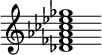 {
  % Rivin lopun pystyviiva ja tahtiosoitus piiloon.
  \override Score.BarLine.break-visibility = ##(#f #t #t)
  \override Staff.TimeSignature #'stencil = ##f
  
  <des' fes' aes' ces'' ees'' ges''>1
}
