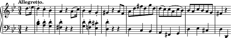 
\relative c'' {
  \new PianoStaff <<
   \new Staff {
    \key g \minor \time 3/4 \set Score.tempoHideNote = ##t \tempo "Allegretto." 4=126 \partial 4
    d8. es16 d4-. c-. bes-. a r a8.( c16) bes4-. a-. g-. gis r a8 f
    a d fis d g d d( c) c( a c bes) bes a c bes a g fis4 r
   }
   \new Staff { \key g \minor \time 3/4 \clef bass
    r4 <d bes>-. <d a>-. <d g,>-. <d fis,>-. r r
    <d g,>-. <d f,!>-. <cis es,>-. <d d,>-. r r
    d, c bes a fis g d' es cis d d, 
   }
  >>
 }
