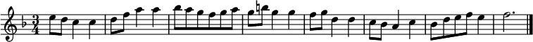 \relative c' {
  \key f \major
  \time 3/4
  e'8 d c4 c |
  d8 f a4 a |
  bes8 a g f g a |
  g8 b g4 g|
  f8 g d4 d |
  c8 bes a4 c |
  bes8 d e f e4 |
  f2.
  \bar "|."
}