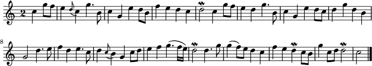 
\relative c'' {
  \override Staff.TimeSignature #'style = #'single-digit
  \time 2/2
  \partial 2
  c g'8 f
  e4 \appoggiatura d8 c4 g'4. b,8
  c4 g e' d8 b
  f'4 e d c
  d2\mordent c4 g'8 f
  e4 d g4. b,8
  c4 g e' d8 c
  d4 g d b

  g2 d'4. e8
  f4 d e4. c8
  d4 \appoggiatura c8 b4 g c8 d
  e4 f g4.( f16 e)
  d2\mordent d4. g8
  g4( f8) e d4 c
  f e d\mordent c8 b
  g'4 c,8 d d2\mordent
  c
  \bar "|."
}
