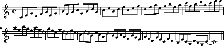 
{

\modalTranspose c c' { c d e f g a b } { c8 e g } 
\modalTranspose c d' { c d e f g a b } { c e g } 
\modalTranspose c e' { c d e f g a b } { c e g } 
\modalTranspose c f' { c d e f g a b } { c e g } 
\modalTranspose c g' { c d e f g a b } { c e g } 
\modalTranspose c a' { c d e f g a b } { c e g } 
\modalTranspose c b' { c d e f g a b } { c e g } 
\modalTranspose c c'' { c d e f g a b } { c e g } 
\modalTranspose c d'' { c d e f g a b } { c e g } 
\modalTranspose c e'' { c d e f g a b } { c e g } 
\modalTranspose c f'' { c d e f g a b } { c e g } 
\modalTranspose c g'' { c d e f g a b } { c e g } 
\modalTranspose c a'' { c d e f g a b } { c e g } 

\modalInversion c e''' { c d e f g a b } { c e g } 
\modalInversion c d''' { c d e f g a b } { c e g } 
\modalInversion c c''' { c d e f g a b } { c e g } 
\modalInversion c b'' { c d e f g a b } { c e g } 
\modalInversion c a'' { c d e f g a b } { c e g } 
\modalInversion c g'' { c d e f g a b } { c e g } 
\modalInversion c f'' { c d e f g a b } { c e g } 
\modalInversion c e'' { c d e f g a b } { c e g } 
\modalInversion c d'' { c d e f g a b } { c e g } 
\modalInversion c c'' { c d e f g a b } { c e g } 
\modalInversion c b' { c d e f g a b } { c e g } 
\modalInversion c a' { c d e f g a b } { c e g } 
\modalInversion c g' { c d e f g a b } { c e g } 
\modalInversion c f' { c d e f g a b } { c e g } 
\modalInversion c e' { c d e f g a b } { c e g } 
\modalInversion c d' { c d e f g a b } { c e g } 

c'~ c'1

\bar "|."
}
