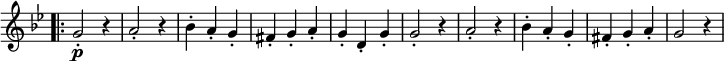 
\relative c'' \new Staff \with { \remove "Time_signature_engraver" } {
 \set Score.tempoHideNote = ##t \tempo "" 4=50 \key g \minor \time 3/4
 \bar ".|:" g2-.\p r4 a2-. r4 bes-. a-. g-. fis-. g-. a-. g-. d-. g-.
 g2-. r4 a2-. r4 bes-. a-. g-. fis-. g-. a-. g2 r4
}
