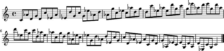 
{

\modalTranspose c c' { c d ees g aes } { c8 aes d g } 
\modalTranspose c d' { c d ees g aes } { c aes d g } 
\modalTranspose c ees' { c d ees g aes } { c aes d g } 
\modalTranspose c g' { c d ees g aes } { c aes d g } 
\modalTranspose c aes' { c d ees g aes } { c aes d g } 
\modalTranspose c c'' { c d ees g aes } { c aes d g } 
\modalTranspose c d'' { c d ees g aes } { c aes d g } 
\modalTranspose c ees'' { c d ees g aes } { c aes d g } 
\modalTranspose c g'' { c d ees g aes } { c aes d g } 

\modalInversion c ees''' { c d ees g aes } { c aes d g } 
\modalInversion c d''' { c d ees g aes } { c aes d g } 
\modalInversion c c''' { c d ees g aes } { c aes d g } 
\modalInversion c aes'' { c d ees g aes } { c aes d g } 
\modalInversion c g'' { c d ees g aes } { c aes d g } 
\modalInversion c ees'' { c d ees g aes } { c aes d g } 
\modalInversion c d'' { c d ees g aes } { c aes d g } 
\modalInversion c c'' { c d ees g aes } { c aes d g } 
\modalInversion c aes' { c d ees g aes } { c aes d g } 
\modalInversion c g' { c d ees g aes } { c aes d g } 
\modalInversion c ees' { c d ees g aes } { c aes d g } 
\modalInversion c d' { c d ees g aes } { c aes d g } 

c'2

\bar "|."
}
