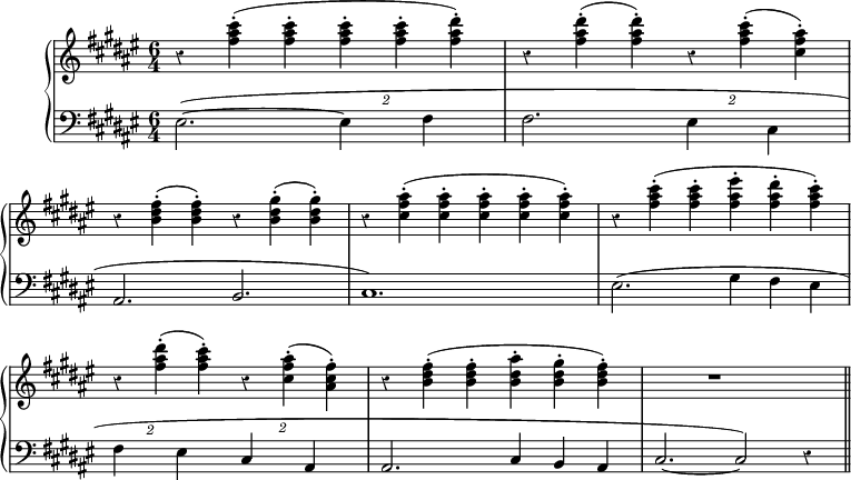 
\version "2.20.0"

\header {
  title = "XVI"
  subtitle = "AU PRINTEMPS"

  composer = "GRIEG."
}
  \layout {
  indent = #10  
  %ragged-last = ##ttt
  }
{

    \new PianoStaff = "piano" \with { instrumentName = ""} 
         <<
      \new Staff = "upper" { \relative c''  {\key fis \major  \set Staff.midiInstrument = #"electric piano 1"
         \set Staff.midiMinimumVolume = #0.1
         \set Staff.midiMaximumVolume = #0.3
         \time 6/4 \override Staff.Rest.style = #'classical \override TupletBracket.bracket-visibility = ##f
         \set Score.tempoHideNote = ##t \tempo 4=260 \omit Score.BarNumber 
% Ligne 1
  r4 <fis ais cis>-.( <fis ais cis>-.
  <fis ais cis>-. <fis ais cis>-. <fis ais dis>-.) |
  r4 <fis ais dis>-.( <fis ais dis>-.)
  r4 <fis ais cis>-.( <cis fis ais>-.)
  \break
% Ligne 2
  r4 <b dis fis>-.( <b dis fis>-.)
  r4 <b dis gis>-.( <b dis gis>-.) |
  r4 <cis fis ais>-.( <cis fis ais>-.
  <cis fis ais>-. <cis fis ais>-. <cis fis ais>-.) |
  r4 <fis ais cis>-.( <fis ais cis>-.
  <fis ais eis'>-. <fis ais dis>-. <fis ais cis>-.)
\break
% Ligne 3
  r4 <fis ais dis>-.( <fis ais cis>-.)
  r4 <cis fis ais>-.( <ais cis fis>-.) |
  r4 <b dis fis>-.( <b dis fis>-. <b dis ais'>-.
  <b dis gis>-. <b dis fis>-.) | s2 r1 

  \bar "||"  

      }}
      \new Staff = "lower" { 
         \set Staff.midiMinimumVolume = #0.6
         \set Staff.midiMaximumVolume = #0.8        
        \relative c  {\clef "bass" \key fis \major \set Staff.midiInstrument = #"electric piano 1" 
                      \override Staff.Rest.style = #'classical
                      \override TupletBracket.bracket-visibility = ##f
% Ligne 1
  eis2.~( \tupletUp \tuplet 2/3 {eis4 fis} |
  %\omit TupletNumber
  fis2. \tuplet 2/3 {eis4 \once \stemDown cis}
% Ligne 2    
  ais2. b | cis1.) | eis2.( gis4 fis eis
% Ligne 3 
  %\undo \omit TupletNumber 
  \tuplet 2/3 {fis4 eis} \tuplet 2/3 {cis ais} |
  ais2. cis4 b ais | cis2.~ cis2) r4

      }}
>>
}

