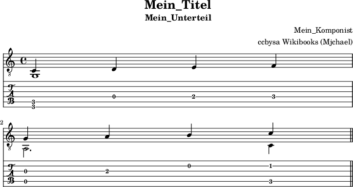 
\version "2.16.1"
\header {
  title = "Mein_Titel"
  subtitle = "Mein_Unterteil"
  composer = "Mein_Komponist"
  % opus = "Op.35"
  % source = "using different sources"
  arranger = "ccbysa Wikibooks (Mjchael)"
  copyright = "ccbysa de.wikibooks.org/wiki/gitarre"
}

Diskant = \relative c' {
  \voiceOne
  \slurUp
  \tempo "Andante"
  c,4 d e f |
  \break
  g a b c 
  \bar "||"
}

Bass = \relative c {
  \voiceTwo
  g1 | a2. c4 
  \bar "||"
}

Gitarre = << \Diskant \\ \Bass >>

\score {
  <<
    % \new ChordNames { \Akkorde }
    \new Voice  { 
      \clef "treble_8" \time 4/4  
      \key c \major \tempo 4 = 120 
      \set Score.tempoHideNote = ##t
      \Gitarre 
    }
    \new TabStaff {
        \Gitarre
    }
  >>
  \layout { }
}

\score {
  <<
    \new Voice  { 
      \clef "treble_8" \time 4/4  
      \key c \major \tempo 4 = 120 
      \set Staff.midiInstrument = "acoustic guitar (nylon)"
      \unfoldRepeats \Gitarre 
    }
  >>
  \midi { }
}

\paper {
  indent=0\mm
  line-width=180\mm
  oddFooterMarkup=##f
  oddHeaderMarkup=##f
  % bookTitleMarkup=##f
  scoreTitleMarkup=##f
}
