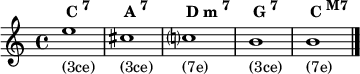 
{
\clef treble
\textLengthOn
 
e''1_"(3ce)"^\markup { \null \raise #1 { \bold { C \small \raise #1.0 { 7 } } } }
cis''_"(3ce)"^\markup { \null \raise #1 { \bold { A \small \raise #1.0 { 7 } } } }
c''?_"(7e)"^\markup { \null \raise #1 { \bold { D m \small \raise #1.0 { 7 } } } }
b'_"(3ce)"^\markup { \null \raise #1 { \bold { G \small \raise #1.0 { 7 } } } }
b'_"(7e)"^\markup { \null \raise #1 { \bold { C \small \raise #1.0 { M7 } } } }
 
\bar "|."
}
