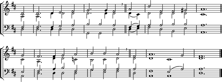 
\new ChoirStaff <<
  \new Staff { \clef treble \time 4/2 \key d \major \partial 2 \set Staff.midiInstrument = "church organ" \omit Staff.TimeSignature \set Score.tempoHideNote = ##t \override Score.BarNumber  #'transparent = ##t
  \relative c'
  << { d2 | 2. 4 e2 fis | g2. 4 fis2 \breathe \bar"||"
       a | d fis, fis gis | a1. \bar"||" \break
       g2 | fis2. 4 g2 a | b b a \breathe \bar"||"
       fis a1. g2 | fis1. \bar"|." } \\
  { a,2 | a2. d4 2 2 | 2. 4 2 4( cis) | d2 d d d | cis1.
    2 | a2. d4 2 c | b cis d d | d1 cis | d1. } >>
  } 
\new Staff { \clef bass \key d \major \set Staff.midiInstrument = "church organ" \omit Staff.TimeSignature
  \relative c
  << { fis2 | 2. 4 g2 a | b b a fis4( g) | a2 a b b | a1.
       e2 | fis2. a4 b2 fis | g g a a | fis1 e2( a) | a1. } \\
  { d,2 | 2. 4 2 2 | g, g d' d4( e) | fis2 d b e | a,1.
    a2 | d2. 4 2 2 | g e fis d | a1 a | d1. } >>
  } 
>>
\layout { indent = #0 }
\midi { \tempo 2 = 58 }
