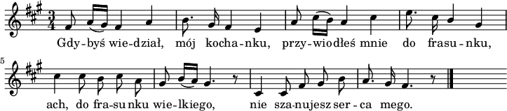 
\paper { #(set-paper-size "a4")
 oddHeaderMarkup = "" evenHeaderMarkup = "" }
\header { tagline = ##f }
\version "2.18.2"
\score {
\midi { \tempo 4 = 100 }
\layout { line-width = #180
indent = 0\cm}
\relative b' {
\set Staff.midiInstrument = "flute" 
\key fis \minor
\time 3/4 
\autoBeamOff
fis8 a16 [(gis)] fis4 a | b8. gis16 fis4 e | a8 cis16 [(b)] a4 cis | e8. cis16 \stemUp b4 \stemNeutral gis |
cis cis8 b cis \stemDown a \stemNeutral | gis b16 [(a)] gis4. r8 | cis,4 cis8 fis gis b | a8. gis16 fis4. r8 \bar "|." s
}
\addlyrics {
Gdy -- byś wie -- dział, mój ko -- cha -- nku,
przy -- wio -- dłeś mnie do fra -- su -- nku,
ach, do fra -- su -- nku wie -- lkie -- go,
nie sza -- nu -- jesz ser -- ca me -- go.
} }