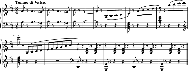 
 \relative b' {
  \new PianoStaff <<
   \new Staff {
    \key b \minor \time 3/4
    \set Score.tempoHideNote = ##t
    \tempo "Tempo di Valse." 2. = 64
    a8 r a4. gis8 | b r a4. gis8 | b r a2 ~ | a8 r a,8( b cis d | e) r a( b cis d | e) r a( b cis d | e) r a,,,( b cis d | e fis g a b cis |
    d) r <a, d fis>8 r <a d fis> r | r4 <a d fis>8 r <a d fis> r | r4 <a d fis>8 r <a d fis> | r r4 <a d fis>8 r <a d fis> r | \bar "||"
   }
   \new Staff {
    \key b \minor \time 3/4 \clef bass
    a8 r a4. gis8 | b r a4. gis8 | b r a2 ~ | a8 r r4 r | <g e cis a>8 r r4 r | <a cis e g>8 r r4 r | \clef treble <a' cis e g>8 r r4 r | R2. |
    \clef bass <d,,, d'>8 r r4 r | <a a'>8 r r4 r | <d d'>8 r r4 r | <a a'>8 r r4 r |
   }
  >>
 }
