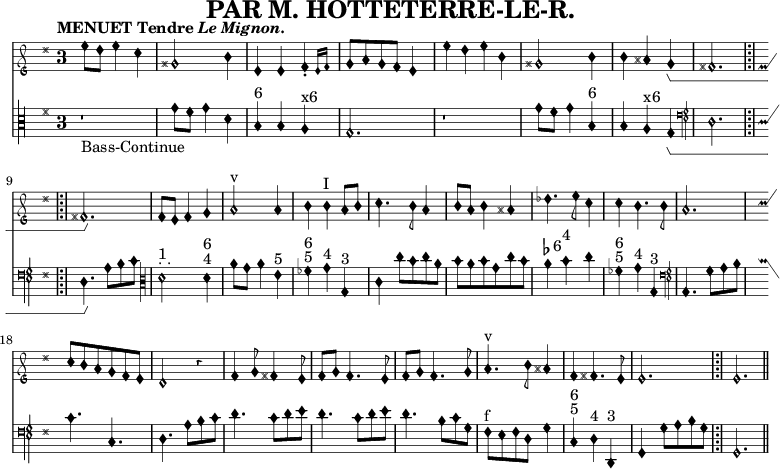  
\defineBarLine "|;|" #'("|;|" "|;|" "|;|")
\header {
  tagline = ##f
  title = "PAR M. HOTTETERRE-LE-R."
}
\score {
\new GrandStaff <<
  \new MensuralStaff = "flute" \with {midiInstrument="flute"} \relative c'' {
      \clef "petrucci-g1"
      \key g \major
      \override Staff.TimeSignature.style = #'single-digit
      \time 3/4
      \tempo \markup {MENUET Tendre \italic {Le Mignon.}}
      \override NoteHead.style = #'petrucci
      \override TupletBracket.bracket-visibility = ##f
      \omit TupletNumber
      \autoBeamOn
      g'8 fis g4 e
      bis2 d4
      g, g \afterGrace a(\staccato {g16 a)}
      b8 c b a g4
      \tuplet 3/2 {g' fis g} d
      bis2 d4
      d cis b\startGroup
      ais2. \bar "|;|"
      ais2.\stopGroup
      a8 g a4 b
      c2^"v" c4
      d( d^"I" c8 d)
      e4. d8 c4
      d8 c d4 cis
      fes4. g8 e4
      e4 d4. d8
      c2.
      e8 d c b a g
      fis2 r4
      a4 b8 ais4 g8
      a b a4. g8
      a b a4. b8
      c4.^"v" d8 cis4
      a4 ais4. g8
      g2. \bar "|;|"
      g2. \bar "||"
    }
  \new MensuralVoice = "bass" \with {midiInstrument="acoustic bass"} \relative c'' { 
      \clef "petrucci-c3"
      \key g \major
      \override Staff.TimeSignature.style = #'single-digit
      \time 3/4
      \tempo \markup {MENUET Tendre \italic {Le Mignon.}}
      \override NoteHead.style = #'petrucci
      \autoBeamOn
      r1*3/4_"Bass-Continue"
      g8 fis g4 d
      b^"6" b a^"x6"
      g2.
      r1*3/4
      g'8 fis g4 b,^"6"
      b a^"x6" g\startGroup
      \clef "petrucci-f4"
      d2. \bar "|;|"
      d4.\stopGroup a'8 b c
      \clef "petrucci-c3"
      d2^". ."^"1" d4^"4"^"6"
      a'8 g a4 e^"5"
      fes^"5"^"6" g^"4" g,^"3"
      c c'8 b c a
      b a b g c b
      a4^\markup {\flat6} b^"4" c
      fes,^"5"^"6" g^"4" g,^"3"
      \clef "petrucci-f4"
      a,4. g'8 a b
      c4. c,
      d a'8 b c
      d4. c8 d e
      d4. c8 d e
      d4. b8 c g
      fis^"f" e fis d g4
      c,^"5"^"6" d^"4" d,^"3"
      g g'8 a b g \bar "|;|"
      g,2. \bar "||"
    }
>>
\layout {
  indent = #0
  \context {
    \MensuralStaff
    \consists Horizontal_bracket_engraver
    \override BarLine.transparent = ##f % Notice two pound signs
  }
}
  \midi { 
    \tempo 4 = 112
  }
}
