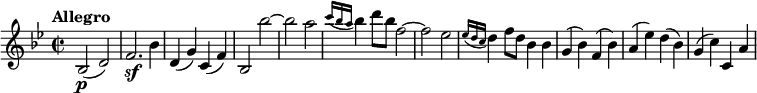 
\version "2.18.2"
\relative c'' {
  \key bes \major
  \time 2/2
  \tempo "Allegro "
  \tempo 4 = 210
  bes,2  \p (d)
  f2.  \sf bes4
  d, (g) c, (f)
  bes,2 bes'' ~
  bes a
  \grace {c16 (bes a} bes4) d8 bes f2 ~
  f ees
  \grace {ees16 (d c} d4) f8 d bes4 bes
  g (bes) f (bes)
  a (ees') d (bes)
  g (c) c, a' 
}
