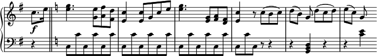 
 \relative c'' {
  \new PianoStaff <<
  \new Staff \with { \remove "Time_signature_engraver" } { \key g \major \time 3/4 \partial 4
  c8.\f e16 \bar "||" \key c \major <e g>4. <g, e'>8 <a f'> <f d'> <e c'>4 <e c'>8 g c e <e g>4. <g, e>8 <a f> <f d> <e c'>4 r8 c' (b c ) d [(b)] g d' [(c d)] e [(c)] g
  }
   \new Staff \with { \remove "Time_signature_engraver" } { \key g \major \time 3/4 \clef bass \partial 4
    r4 \key c \major c,,8 c' c, c' c, c' c,8 c' c, c' c, c' c,8 c' c, c' c, c' c,8 c' c, r r4 r <g b d> r r <c' e>
   }
  >>
 }
